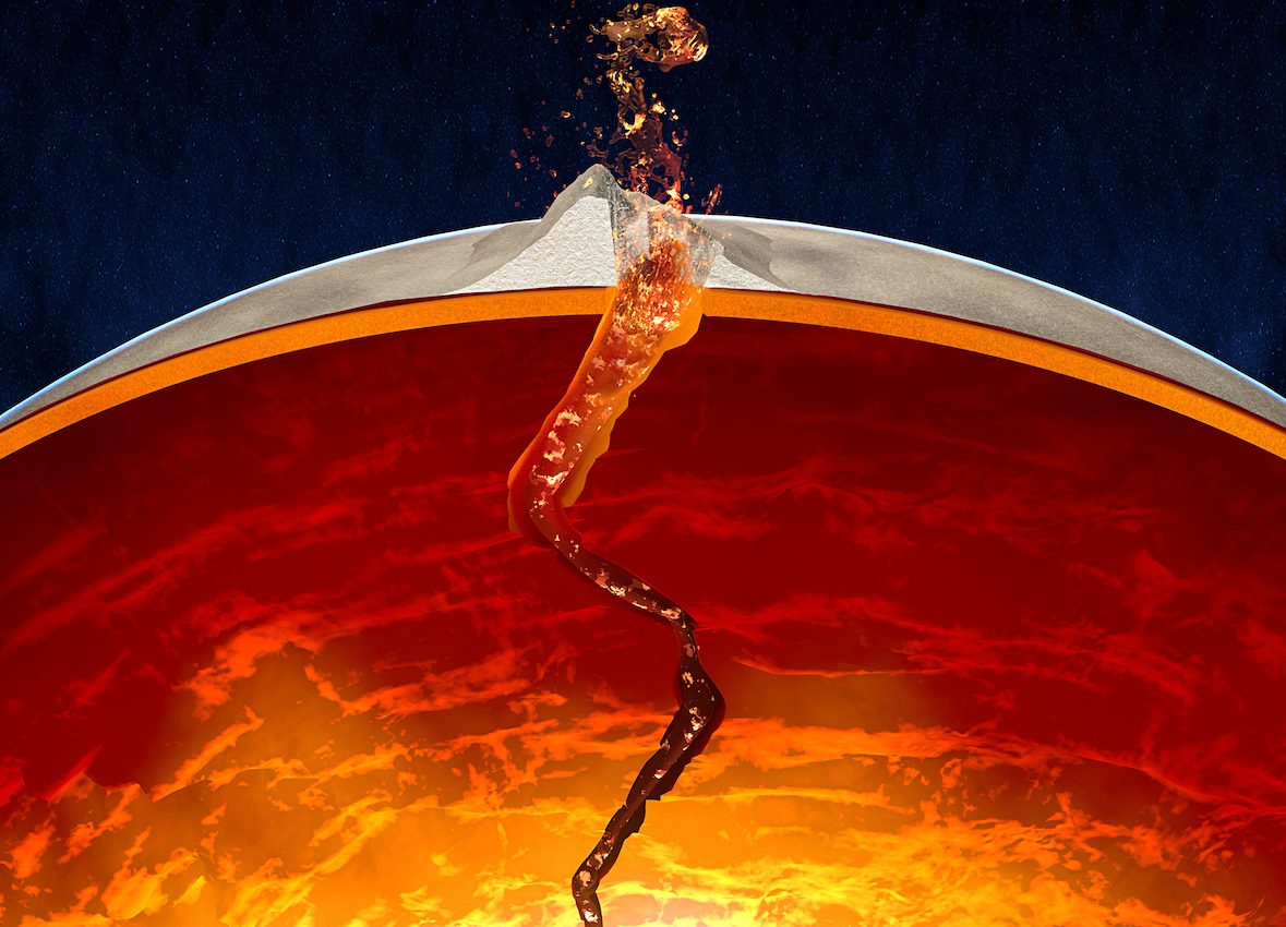 The upwelling of material deep in Earth’s mantle can produce volcanoes